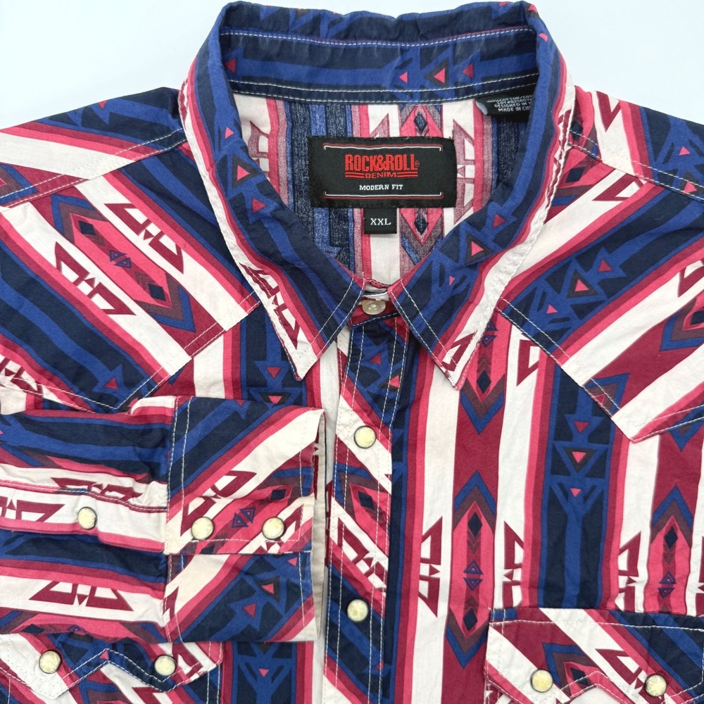 Rock &β Roll Denim Shirt Mens XXL Blue Aztec Modern Fit Western Snap B2S6571